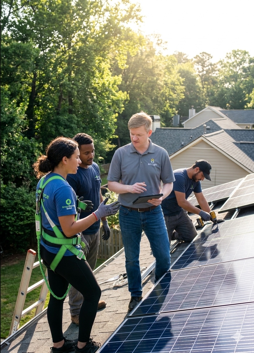 Tim Dorr on a roof discussing solar panel installation with workers